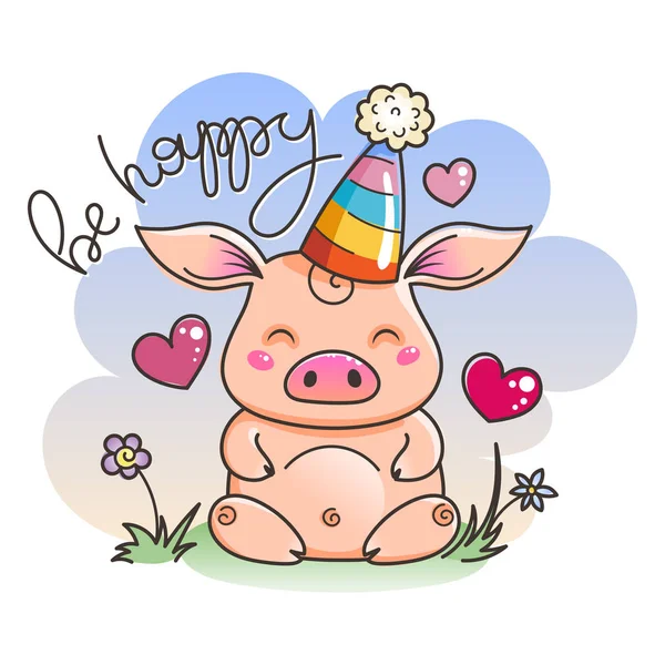 Gullig tecknad gris i kärlek. Symbol för 2019 nyår — Stock vektor