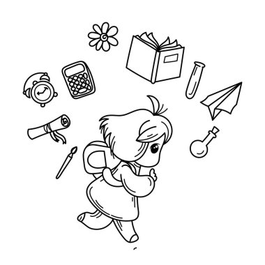 Sevimli kız okula hazır. Kitaplar, baskı, poster, kartları için.