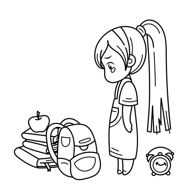 Plačící roztomilý dívka připravena pro školy. Pro knihy, tisky, plakáty, pohlednice. — Stockový vektor