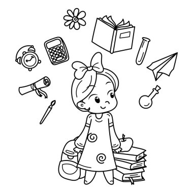 Sevimli kız okula hazır. Kitaplar, baskı, poster, kartları için.