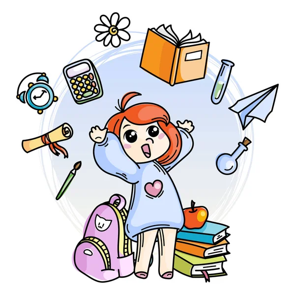 Cute girl ready to School. For books, prints, posters, cards. — Stock Vector