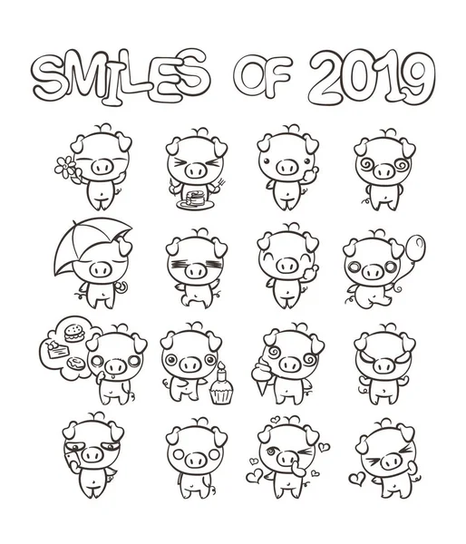 Coleção de ícone de personagem porco mais bonito definido com emoções diferentes. Ilustração vetorial para o novo ano 2019 . — Vetor de Stock