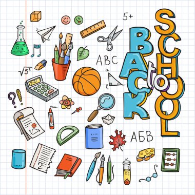 Okul malzemeleri koleksiyonuna geri. Yarım yamalak defter yazı kümesiyle doodles