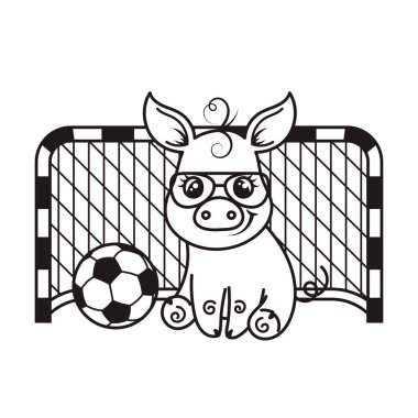 Bir futbol topu ile sevimli çizgi domuz. Vektör çizim.