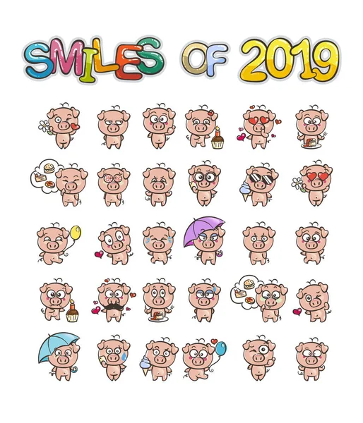 Збірка найрідкісніших іконок свинячих персонажів з різними емоціями. Векторна ілюстрація на Новий 2019 рік . — стоковий вектор
