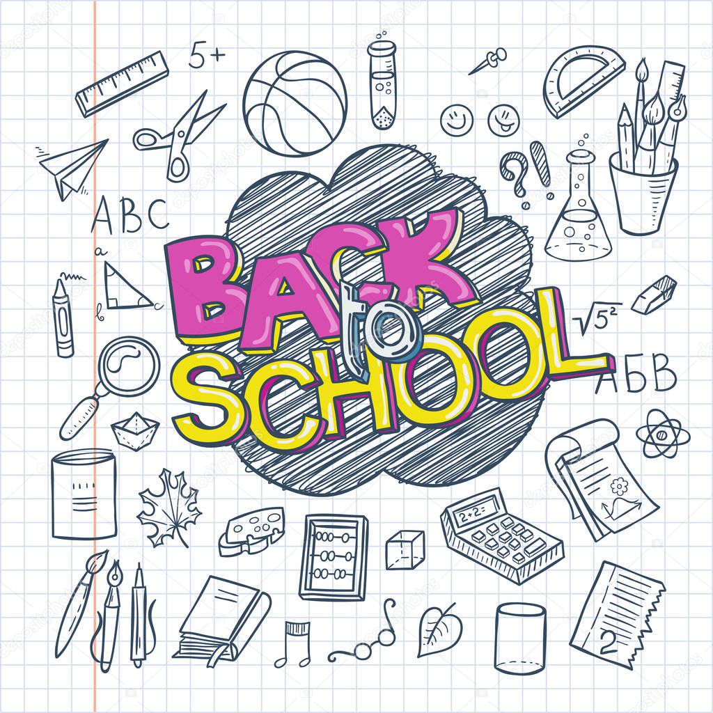 Back to School Supplies collection. Sketchy notebook doodles set with lettering