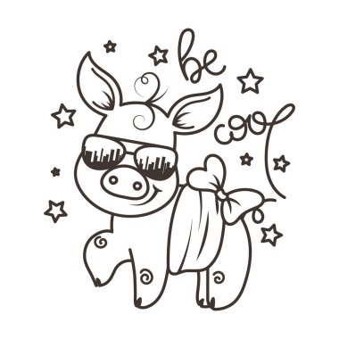 Sevimli çizgi bebek domuz serin bir güneş gözlüğü