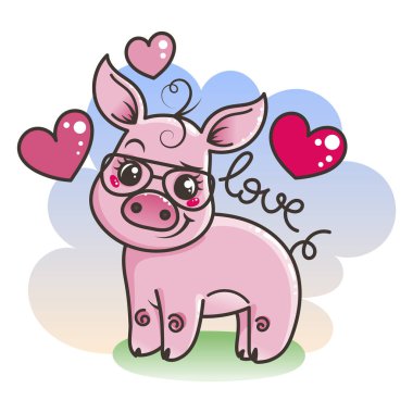 Sevimli çizgi bebek domuz serin bir güneş gözlüğü