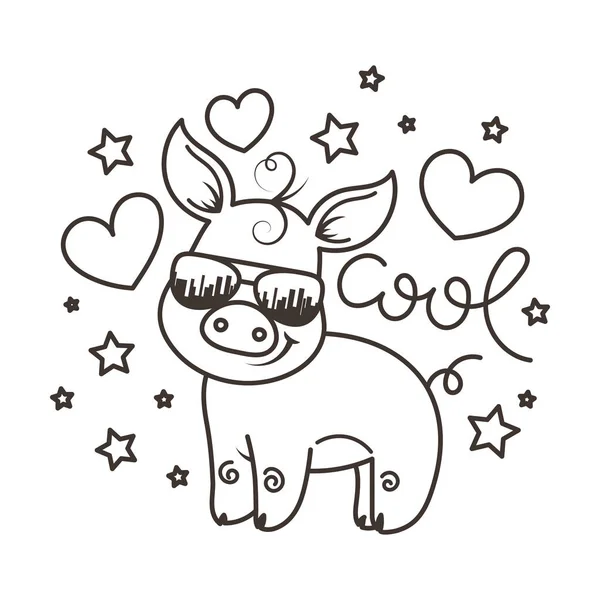 Lindo cerdo bebé de dibujos animados en unas gafas de sol frescas — Vector de stock