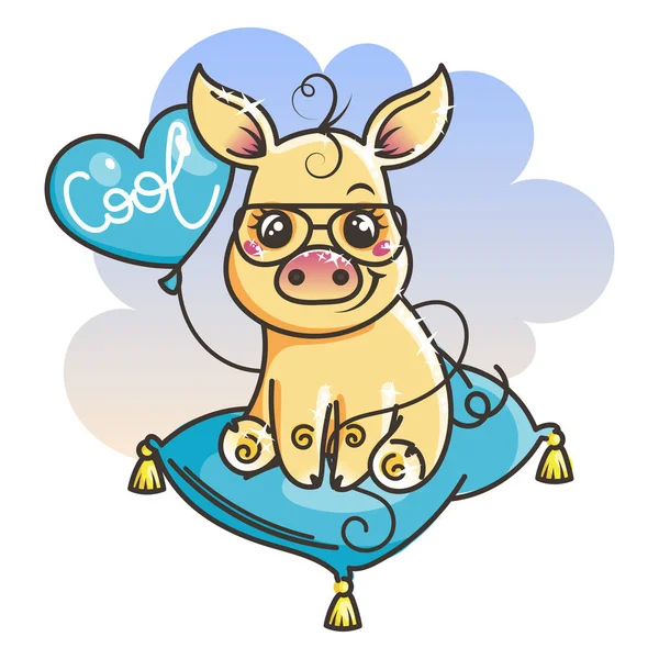 Cute cartoon golden baby pig in a cool sunglasses — Stock Vector