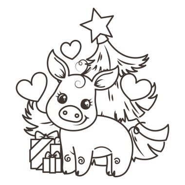 Çizgi film bebek domuz ile mutlu 2019 yılbaşı kartı. Tatil küçük simge.