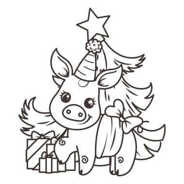 Çizgi film bebek domuz ile mutlu 2019 yılbaşı kartı. Tatil küçük simge.