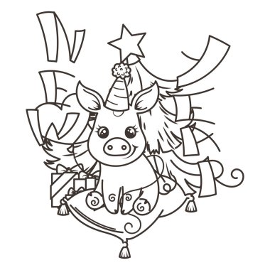 Çizgi film bebek domuz ile mutlu 2019 yılbaşı kartı. Tatil küçük simge.