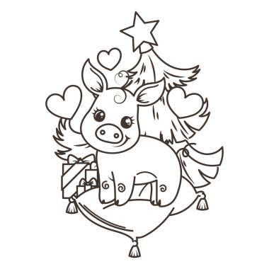 Çizgi film bebek domuz ile mutlu 2019 yılbaşı kartı. Tatil küçük simge.