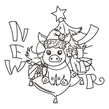 Çizgi film bebek domuz ile mutlu 2019 yılbaşı kartı. Tatil küçük simge.