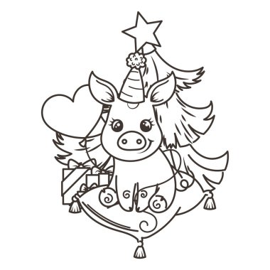 Çizgi film bebek domuz ile mutlu 2019 yılbaşı kartı. Tatil küçük simge.