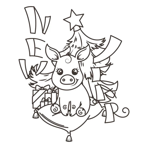 Feliz Año Nuevo 2019 tarjeta con dibujos animados bebé cerdo. Pequeño símbolo de vacaciones . — Archivo Imágenes Vectoriales