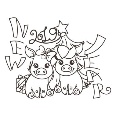 Çizgi film bebek domuz ile mutlu 2019 yılbaşı kartı. Tatil küçük simge.