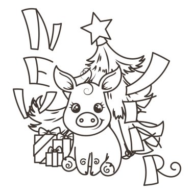 Çizgi film bebek domuz ile mutlu 2019 yılbaşı kartı. Tatil küçük simge.