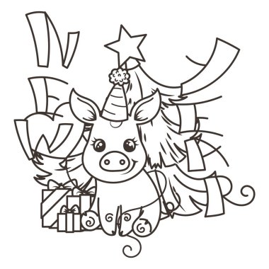 Çizgi film bebek domuz ile mutlu 2019 yılbaşı kartı. Tatil küçük simge.