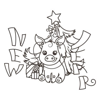 Çizgi film bebek domuz ile mutlu 2019 yılbaşı kartı. Tatil küçük simge.