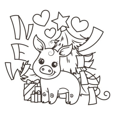 Çizgi film bebek domuz ile mutlu 2019 yılbaşı kartı. Tatil küçük simge.