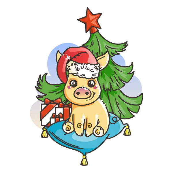 漫画黄金赤ちゃん豚と 2019年ニューイヤー カード。休日の小さなシンボル. — ストックベクタ
