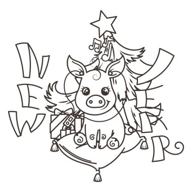 Çizgi film bebek domuz ile mutlu 2019 yılbaşı kartı. Tatil küçük simge.