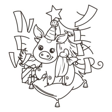 Çizgi film bebek domuz ile mutlu 2019 yılbaşı kartı. Tatil küçük simge.