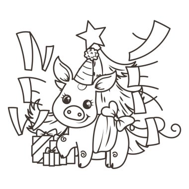 Çizgi film bebek domuz ile mutlu 2019 yılbaşı kartı. Tatil küçük simge.