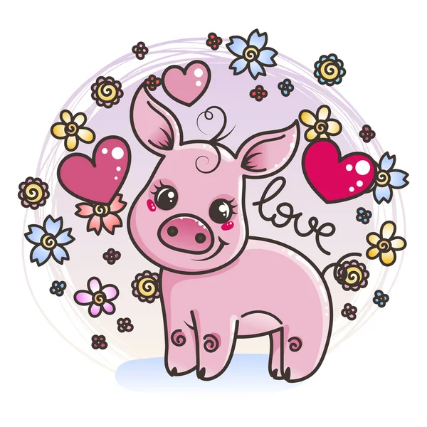 Bonito desenho animado bebê porco no amor —  Vetores de Stock