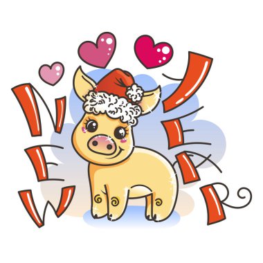 Çizgi film altın bebek domuz ile mutlu 2019 yılbaşı kartı. Tatil küçük simge.