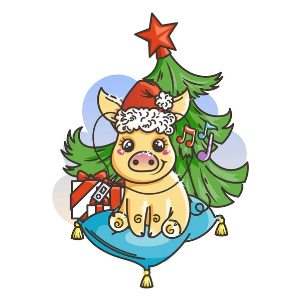 Bonne carte de nouvelle année 2019 avec dessin animé bébé cochon doré. Petit symbole de vacances . — Image vectorielle