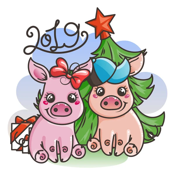 만화 아기 돼지와 함께 해피 뉴 2019 년 카드. 휴일의 작은 상징. — 스톡 벡터