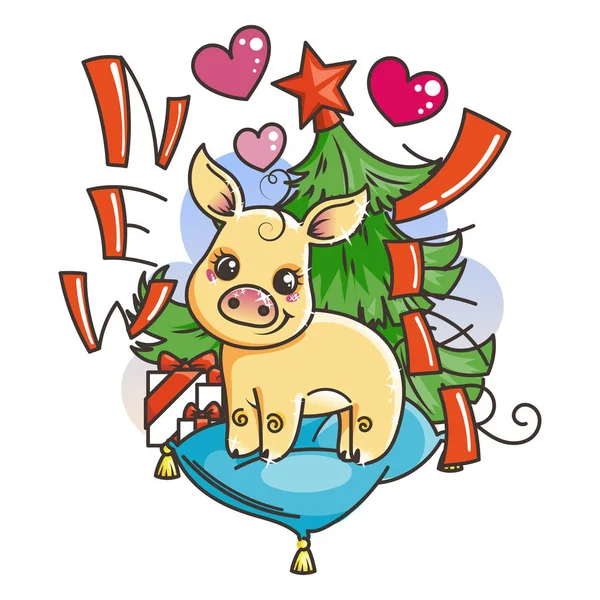 Szczęśliwy nowy rok 2019 karty z cartoon golden baby pig. Mały symbol wakacje. — Wektor stockowy