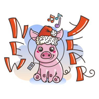 Çizgi film bebek domuz ile mutlu 2019 yılbaşı kartı. Tatil küçük simge.