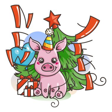 Çizgi film bebek domuz ile mutlu 2019 yılbaşı kartı. Tatil küçük simge.