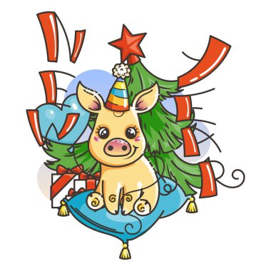 Çizgi film altın bebek domuz ile mutlu 2019 yılbaşı kartı. Küçük vektör sembolü tatil kutlamak şapka ve balon.