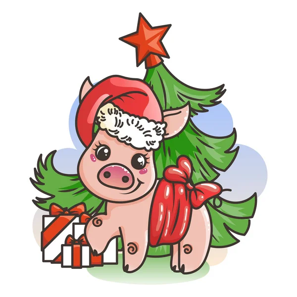 Bonne carte de nouvelle année 2019 avec dessin animé bébé cochon. Petit symbole de vacances . — Image vectorielle