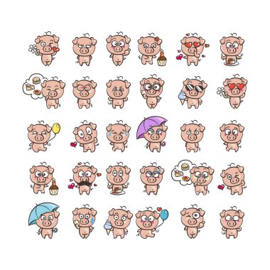 Şirin domuz karakter simgesi ile farklı duygular seti topluluğu. Vektör çizim yeni 2019 yılı için.