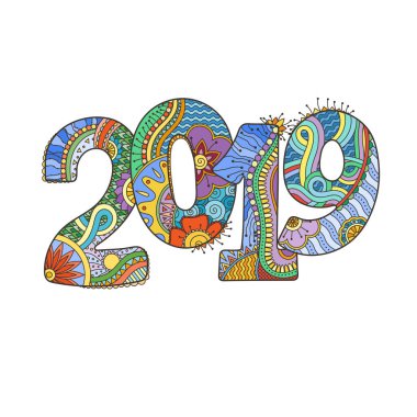 Mutlu yeni yıl 2019 kutlama numarası. Vektör Xmas çizimde zentangle.