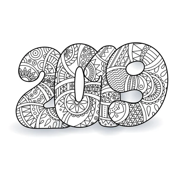 Szczęśliwy Numer Obchody Nowego Roku 2019 Ilustracja Wektorowa Xmas Zentangle — Wektor stockowy