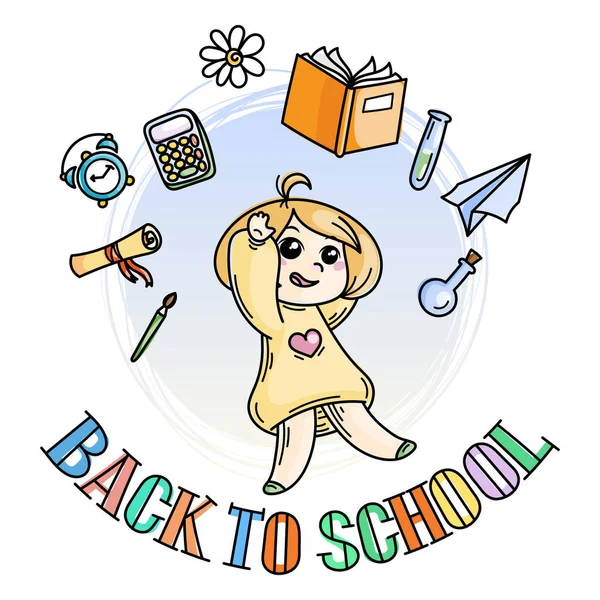 Bienvenido de nuevo a la escuela. Lindo niño de escuela listo para la educación . — Vector de stock