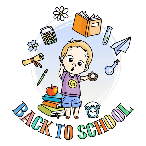 Üdvözöljük vissza az iskolába. Aranyos iskola gyerek kész oktatás. — Stock Vector