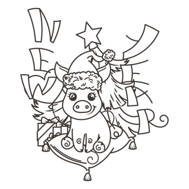 Çizgi film bebek domuz ile mutlu 2019 yılbaşı kartı. Tatil küçük simge.