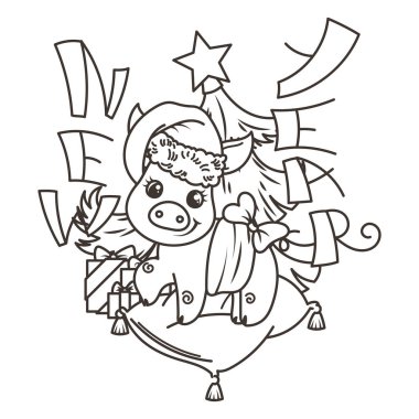 Çizgi film bebek domuz ile mutlu 2019 yılbaşı kartı. Tatil küçük simge.