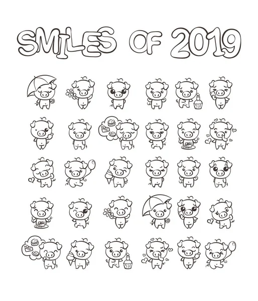 Şirin domuz karakter simgesi ile farklı duygular seti topluluğu. Vektör çizim yeni 2019 yılı için. — Stok Vektör