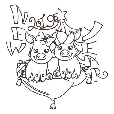 Çizgi film bebek domuz ile mutlu 2019 yılbaşı kartı. Tatil küçük simge.