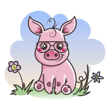 Sevimli çizgi bebek domuz serin bir güneş gözlüğü