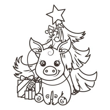 Çizgi film bebek domuz ile mutlu 2019 yılbaşı kartı. Tatil küçük simge.